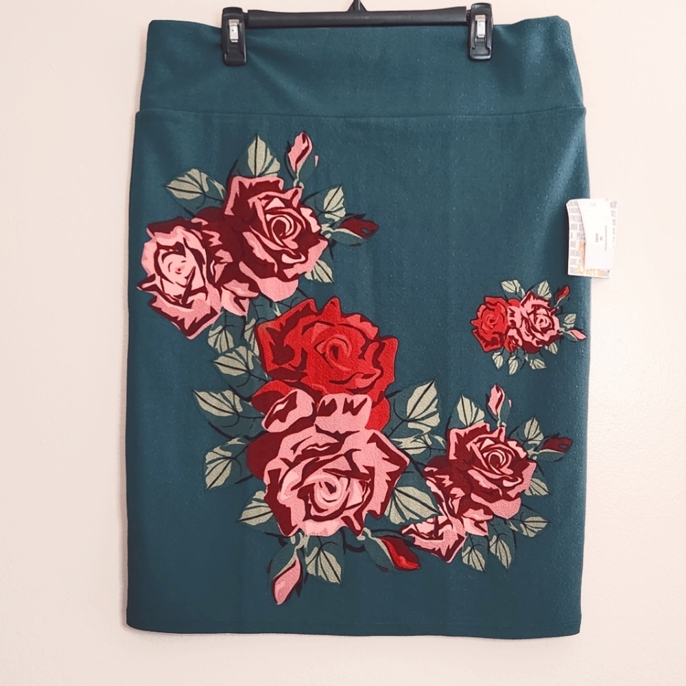 LulaRoe "Cassie"  teal pencil skirt with rose print